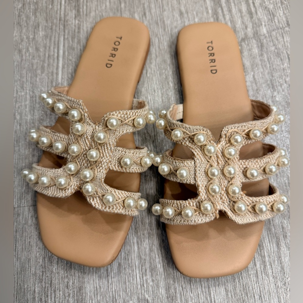 Torrid Cream Sandals with Pearl Embellishments. Wide